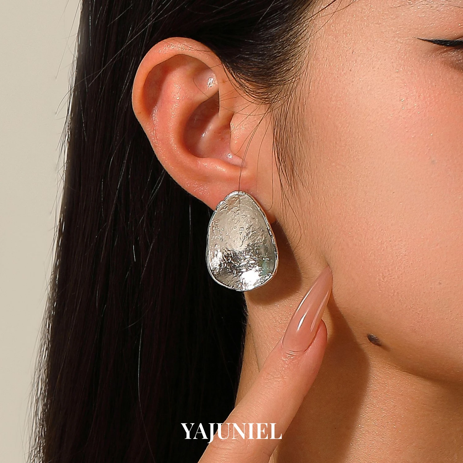 YAJUNIEL White Gold Plated Hammered Stud Earrings for Women Hypoallergenic Brass Textured Organic Shaped Statement Earrings
