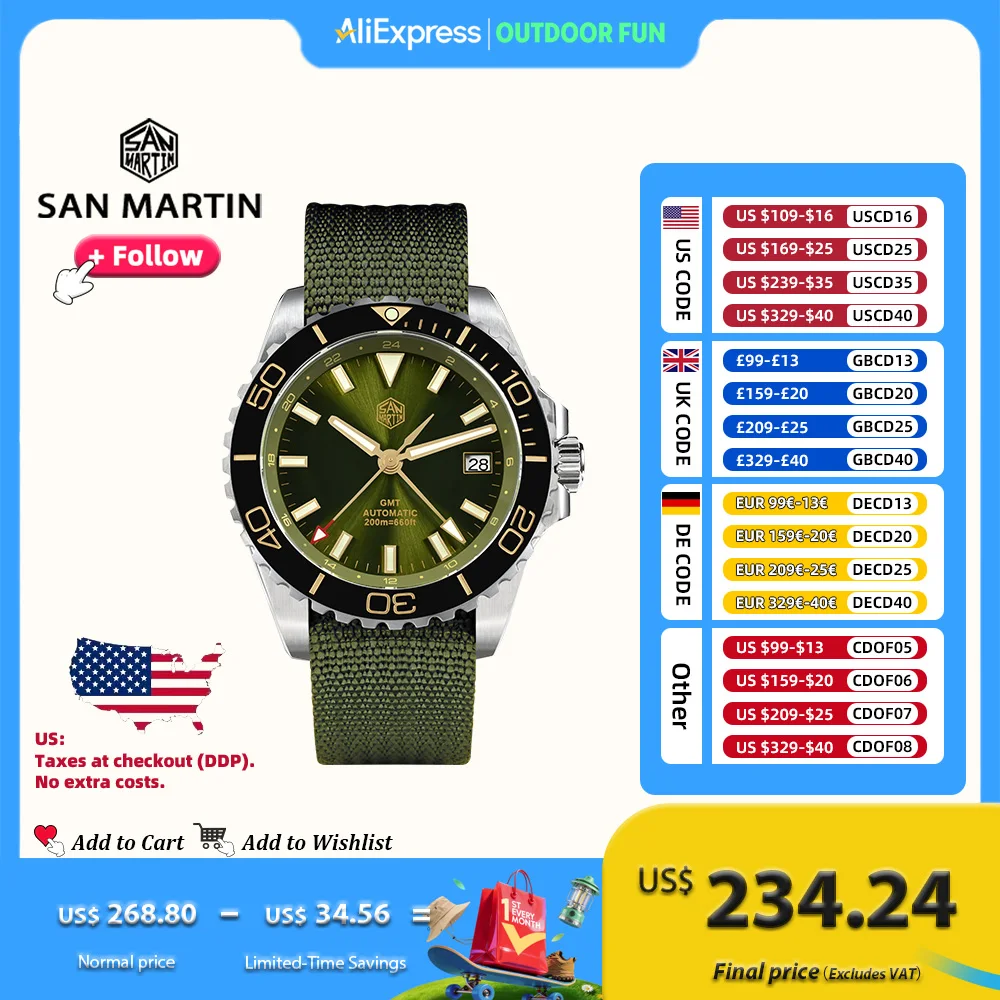 

San Martin 39 мм мужские дайверские часы GMT NH34 из нержавеющей стали автоматические механические с сапфировым светом 20 бар водонепроницаемые SN0136G