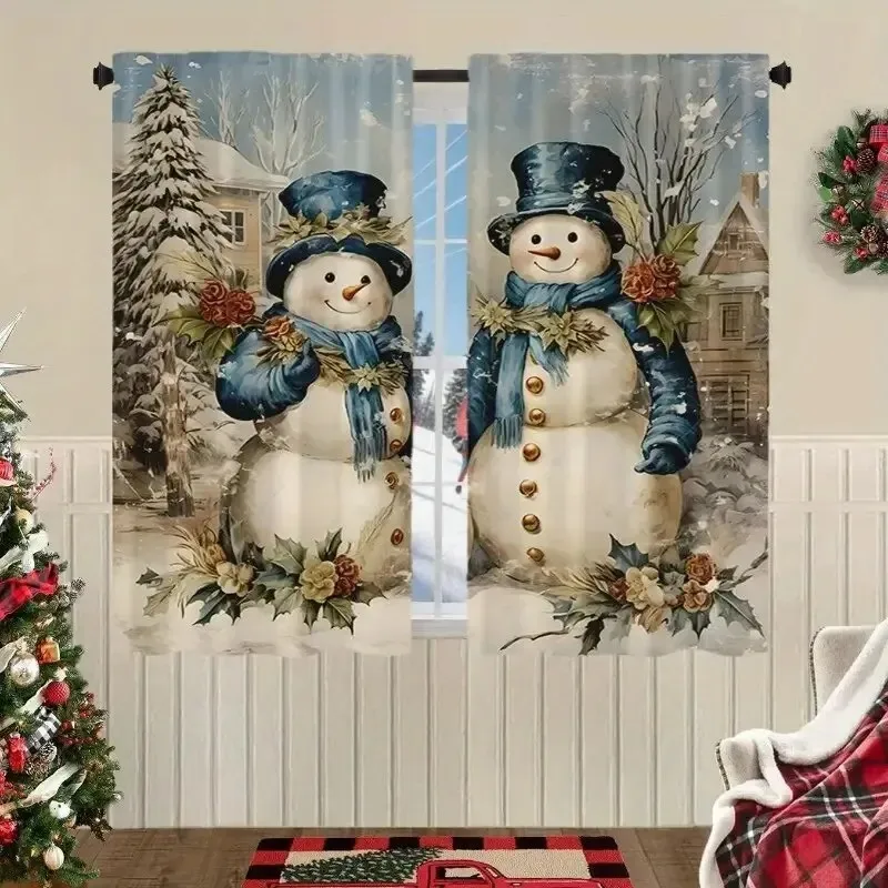 

JIT 2pcs Cheerful Snowman Printed Curtain， Room Darkening， Polyester， Christmas Holiday Window Decor， Cozy Home Decor， Rod Pocke