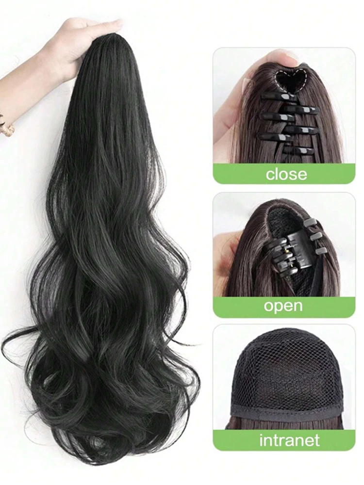 긴 물결 모양의 합성 클로 클립 포니 테일 가발 미니 클로 클립이있는 자연 푹신한 바디 웨이브 포니 테일 내열성 섬유 헤어 피스