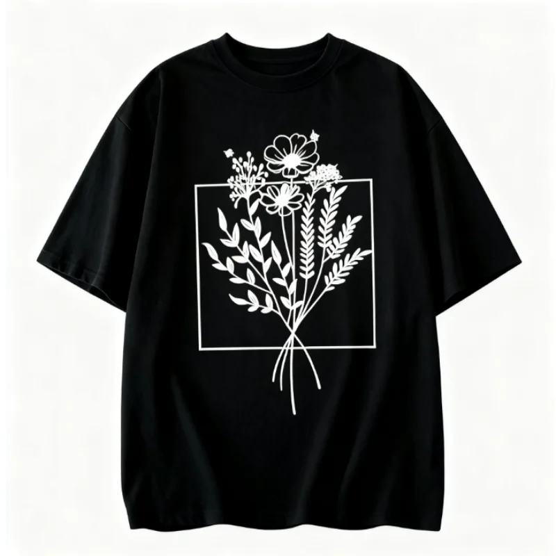 100% Pure Cotton Floral Line Art Black T Shirt Botanical Graphic Design Short Sleeve Top Fashion Casual Comfortable Cotton Tee