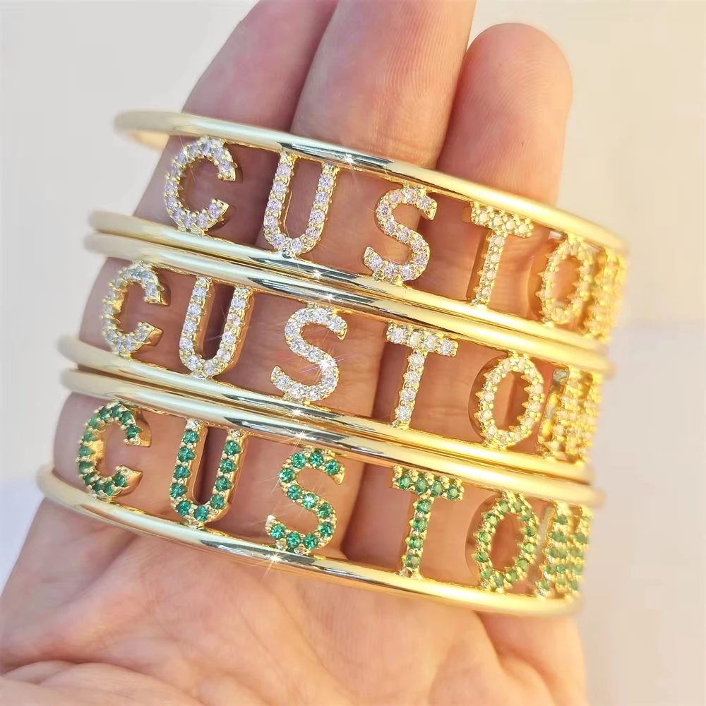 Custom Initial Name Bangle 9mm Letter Colorful Zircon Adjustable Cuff Hollow Design Women's Jewelry Personalized Gift