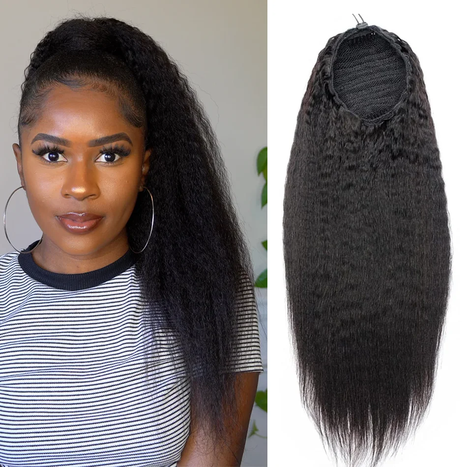 

22-дюймовый длинный прямой кудрявый хвост-шиньон из натуральных волос, 100 г, на завязках, с клипсой, черный, для женщин