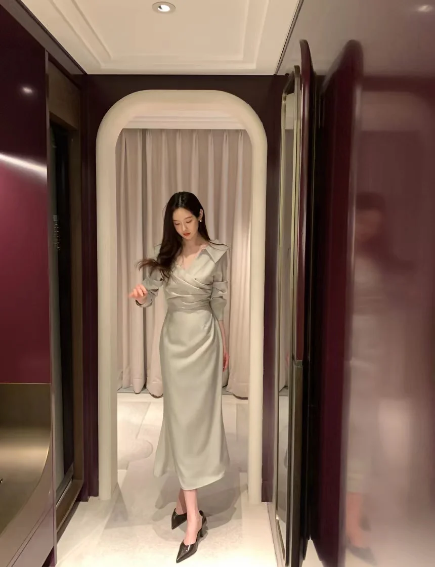 3 kleuren dames herfst Franse kraagvorm overhemdjurk elegante vetersluiting taille knop casual chique midi-jurken vrouwelijk (CS1236)