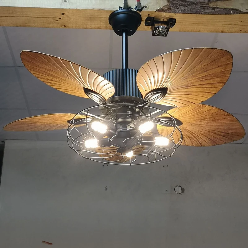 Ventilatore da soffitto tropicale da 42/52 pollici Ventilatore da soffitto industriale in bronzo con cinque pale a foglia di palma e valutazione umida