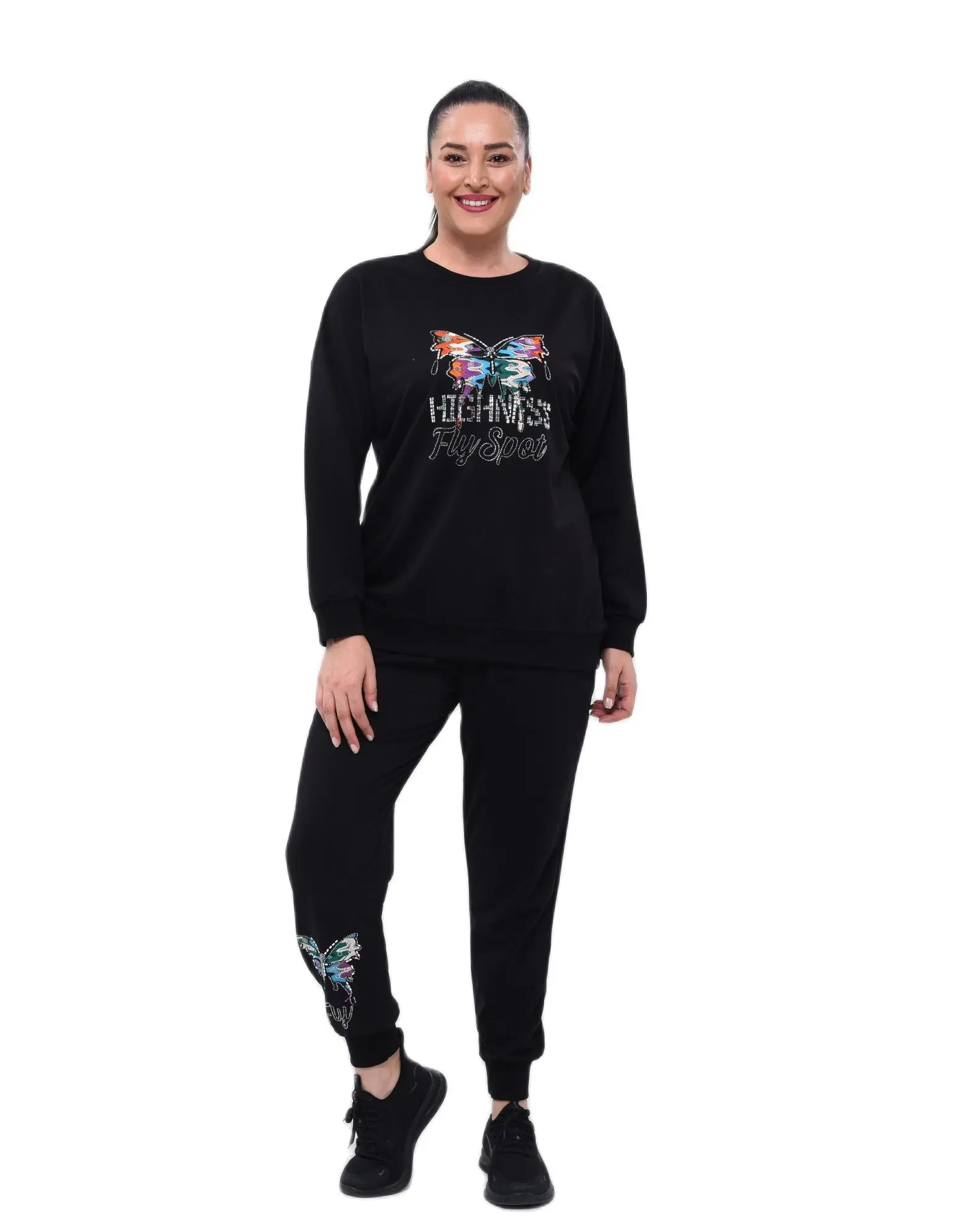 Women’s Plus Size Black Sweatsuit Set 2 Piece Butterfly Embroidery And Stone Letter Detail Tracksuit, Designed and Made in Turke