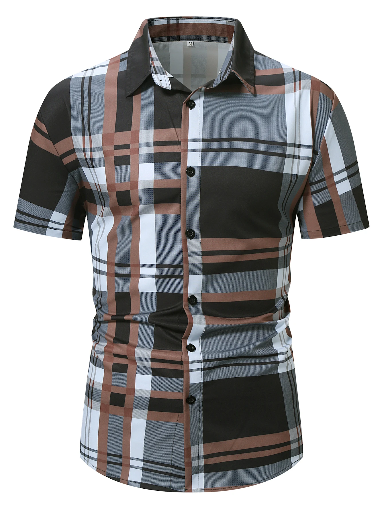 Plaid Pattern Men\'s Retro Color Block Short Sleeve Button Up Shirt ForSummer Resort Vacation