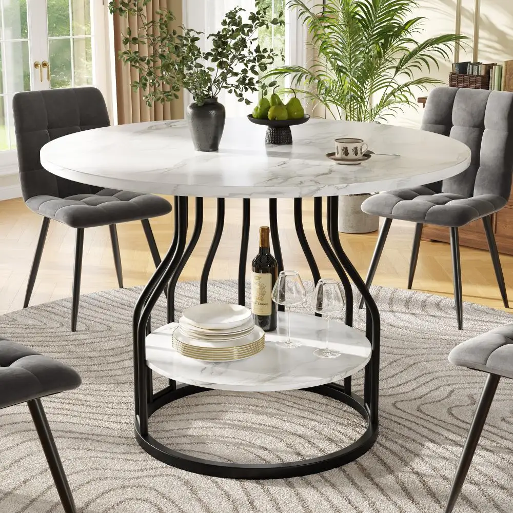 Round dining table (80 × 80 × 76cm), kitchen dining table round coffee table for 4 people, small round plate in the middle for storage, suitable for dining room living room, MDF marble tabletop, Black