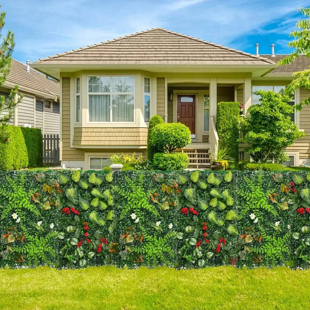 Kunstrasen-Wandpaneel mit Blumen, künstliche Pflanze, Sichtschutz, Heckenschutz, Gras-Hintergrund, grüne Wand, für den Innenbereich, Heimdekoration – Detail 3