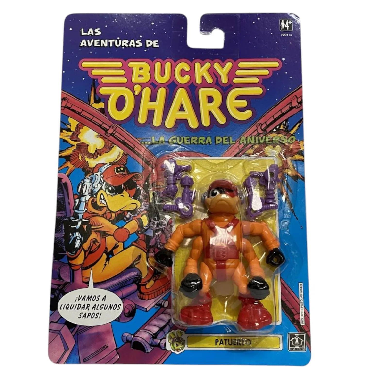 Figurine d'action Hasbro Patuerto Bucky O'Hare Gunner of the Ship Righteous Indignation, issue de la série animée, en plastique, de la collection vintage Bucky O'Hare and the Toad Wars, sans emballage, dans son carton et blister d'origine non ouverts.