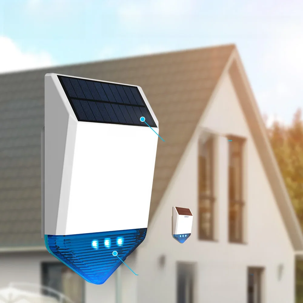KERUI bezprzewodowa 433 mhz zewnętrzna stroboskopowa syrena zasilana energią słoneczną LED migający dźwięk odpowiedzi 110 dB wodoodporna syrena dla systemu alarmowego — zdjęcie 2