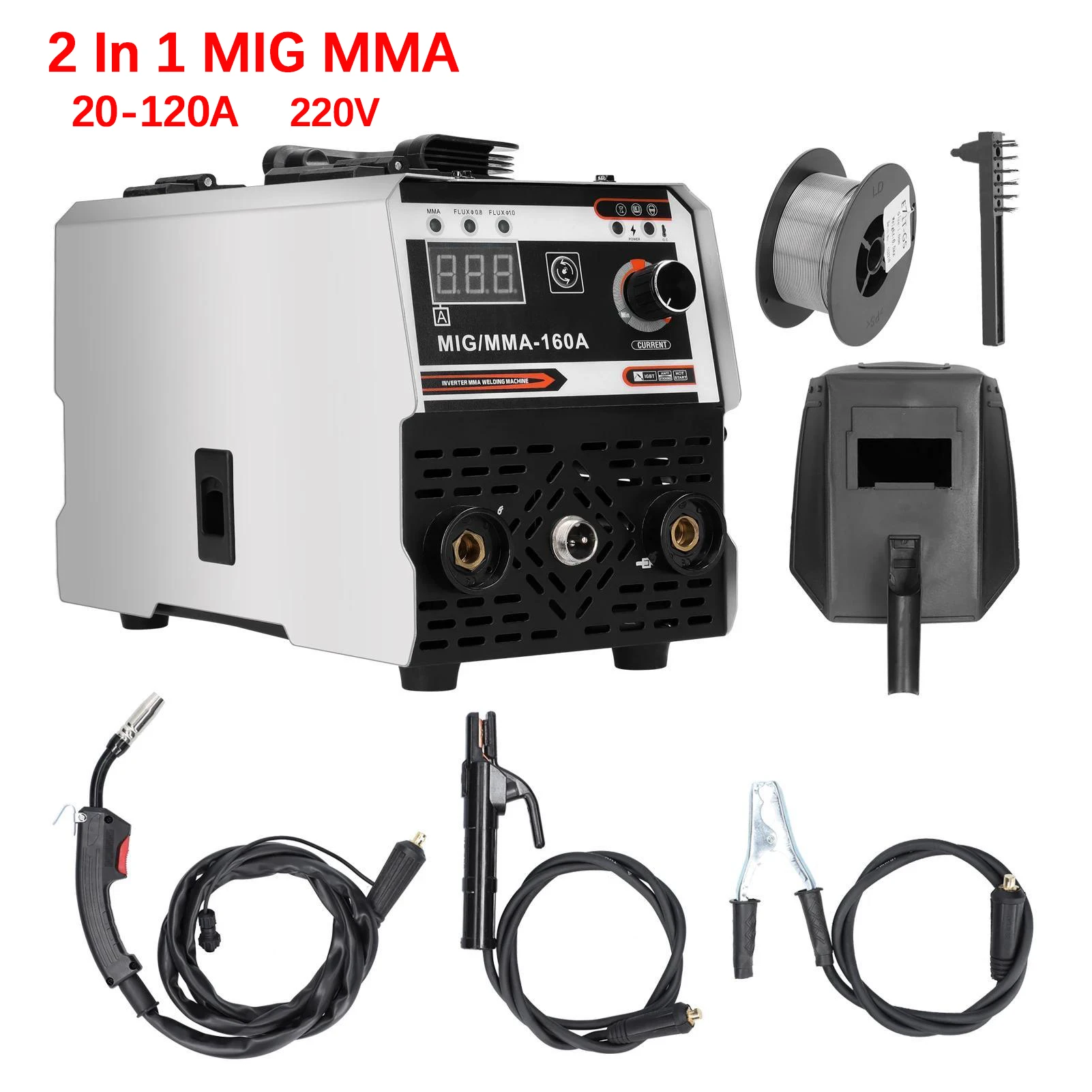 2-in-1 MIG-MMA-Schweißgerät 220V IGBT-Inverter DC-Schweißmaschine 20-120A mit automatischer Drahtzuführung, gasgeschütztes Lichtbogenschweißen für Stahl, DIY