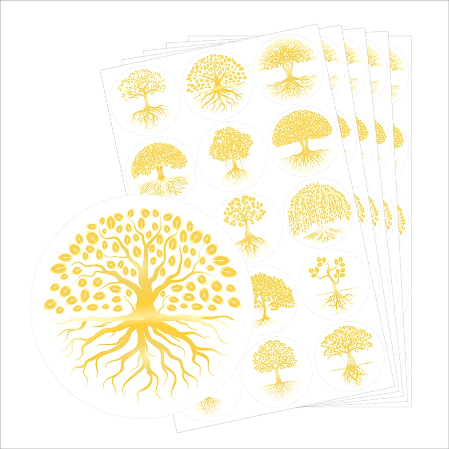 75 pegatinas de árbol de la vida transparentes doradas, redondas de 1,5", 15 diseños, lámina dorada, PVC brillante, para teléfono, diario, taza, cerámica