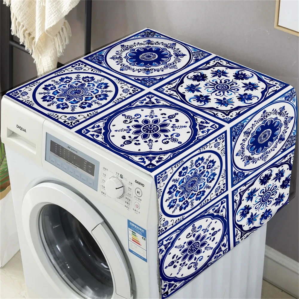 Blue White Turkish Tiles Patterns Dust Cover Washing Machine Dust Mat Design Refrigerator Protective Pad Household Home Supplies