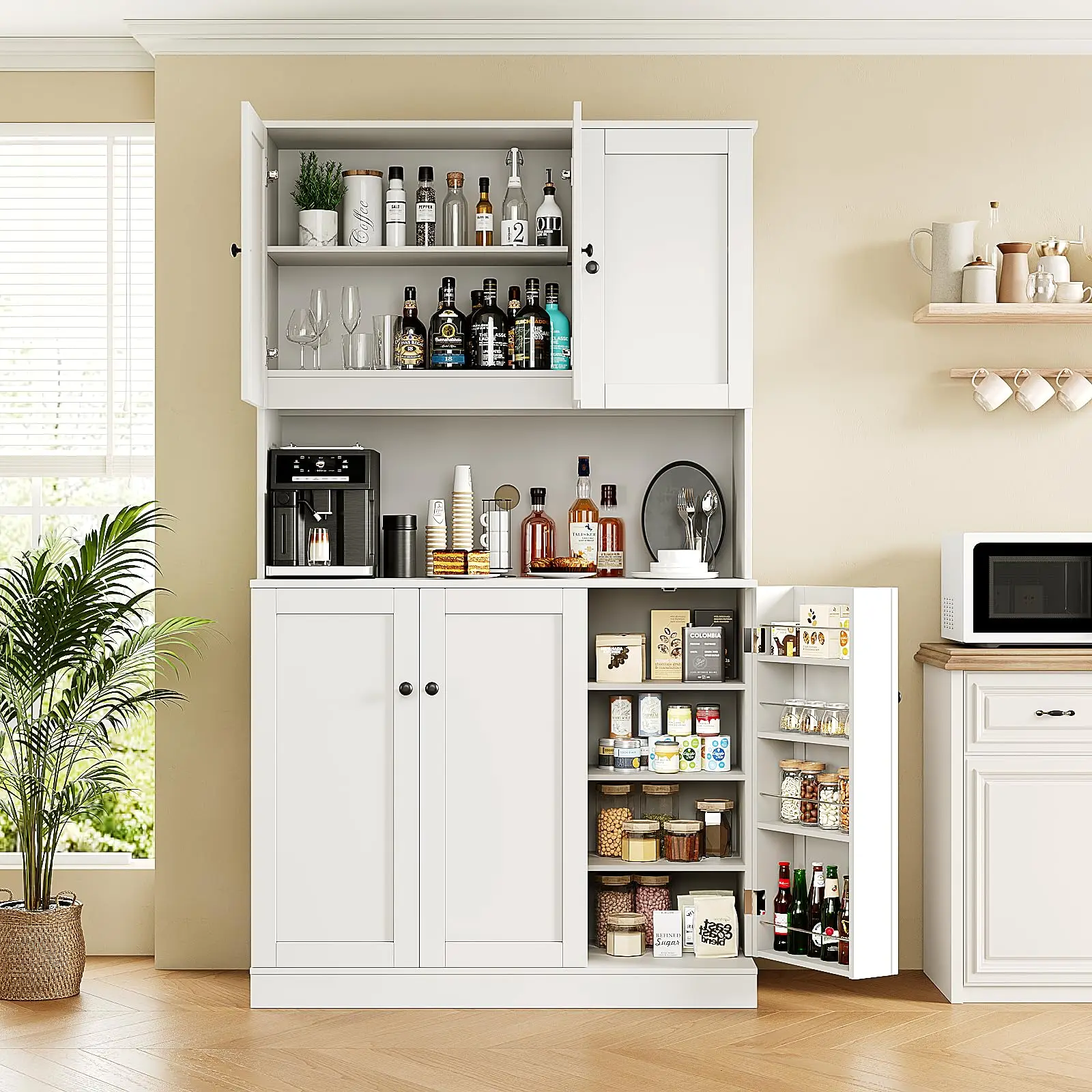 Kitchen Pantry Storage Cabinet with Microwave Stand & Door Shelf, Freestanding Kitchen Hutch with 6 Doors Food Pantry