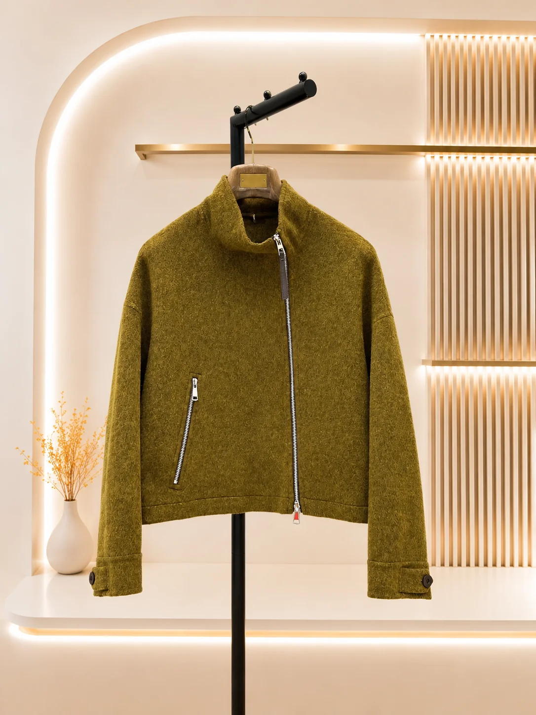 2026 Women Cropped Wool Jacket Double Face Cashmere Stand Collar Diagonal Zip Closure Zip Pocket Cuff Button Detail