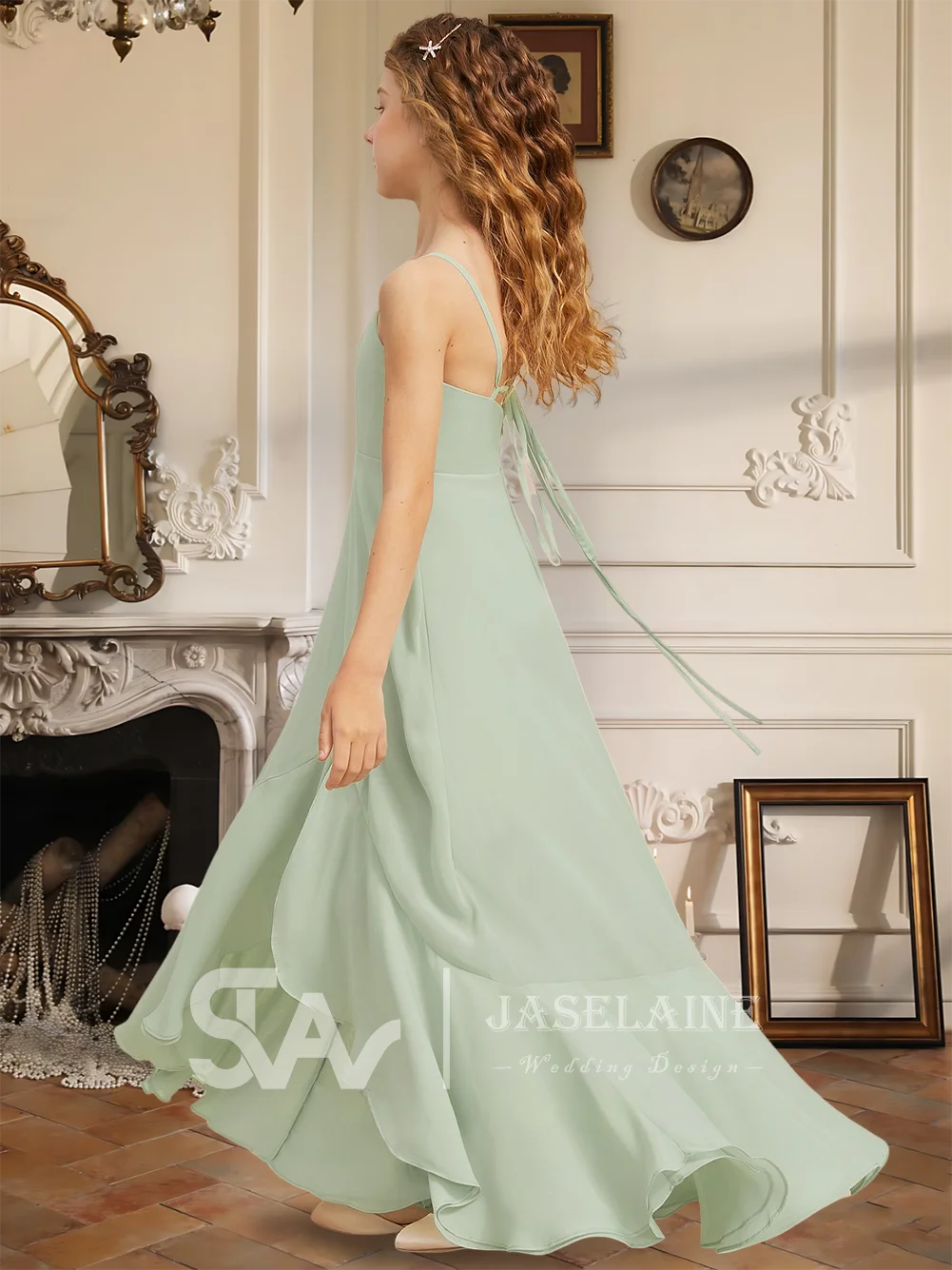 

A A-Line Square Asymmetrical Chiffon Junior Bridesmaid Dress Flower Girl Dress Spaghetti Straps Girls Party Formal Wedding