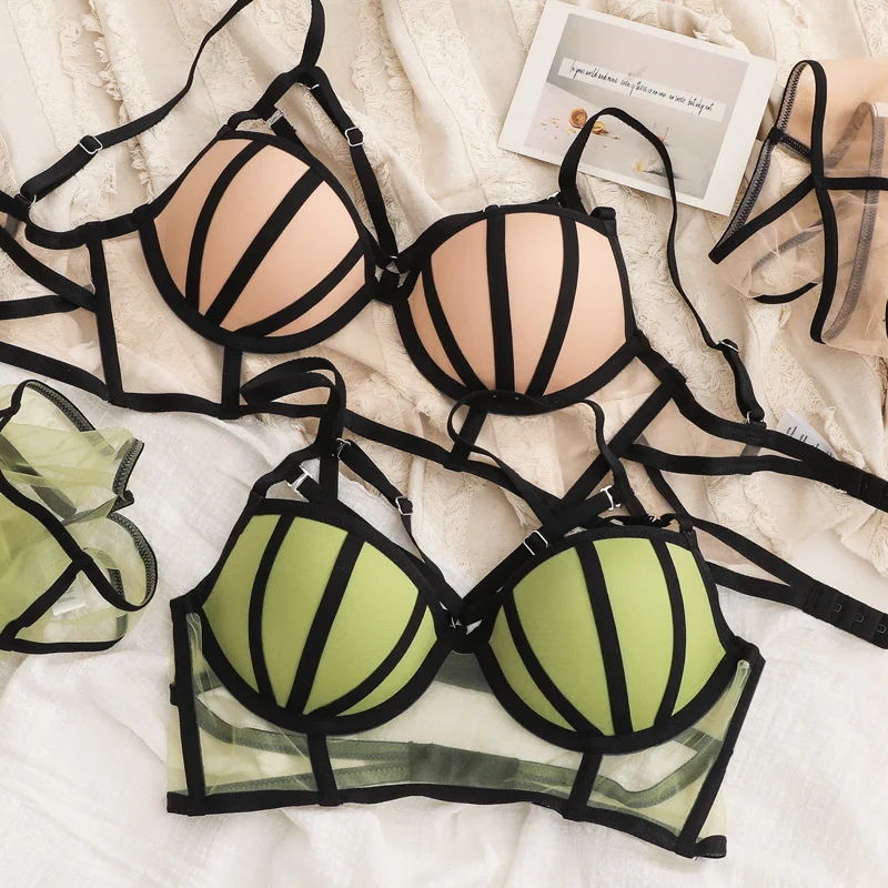 Sexy Underwear Women Lace Push Up Bra Set Summer Beach Lingerie Adjustable Bandage Stripe Hollow Green Brassiere and Panties