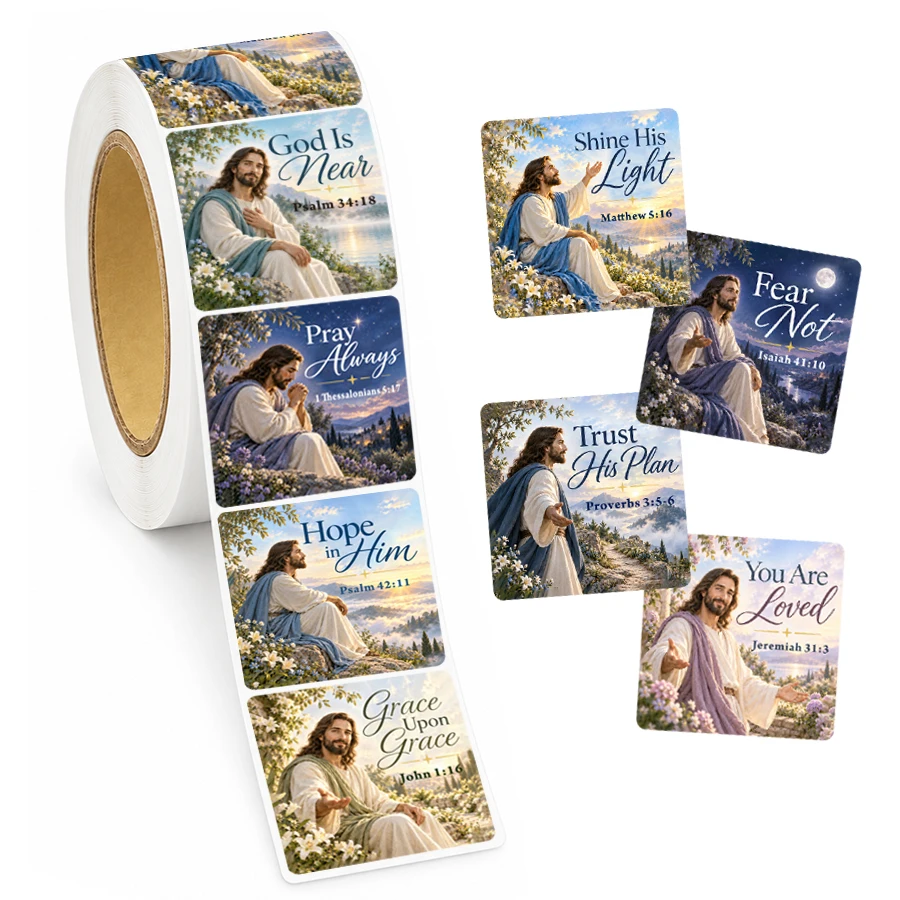 500 Pcs Christian Bible Verse Stickers Roll, Jesus Faith Labels, 10 Designs 1 Inch Square Religious Stickers for Journals