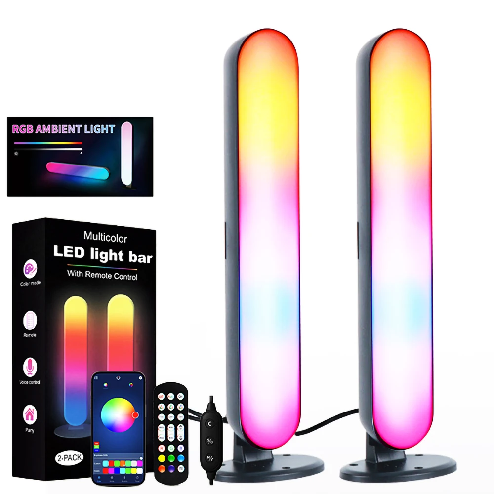 Gaming Desktop RGB Ambient Light Bar 2 Pack Sound Activated Music Rhythm APP Remote USB Rechargeable Room Decor Lamp