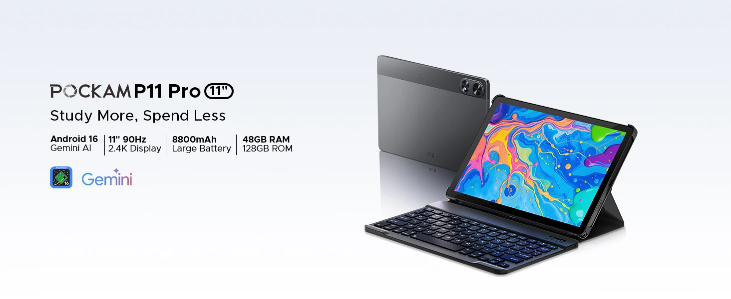 POCKAM P11 Pro Android 16 Tablet, 11" Tablet with Gemini AI, 48GB RAM+128GB ROM, Tablet 2.4K 90Hz, T7250 Octa-Core, 13MP+5MP, 8800mAh, 5G WIFI, Headphone, Tablet with Keyboard, Pen, Mouse-Black