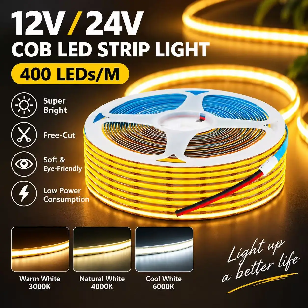 Striscia LED COB 5mm 10mm PCB 400LED/m 12V 24V Tagliabile Nastro Flessibile ad Alta Densità Cavo a 2 Pin Bianco Caldo/Naturale per Arredamento Casa