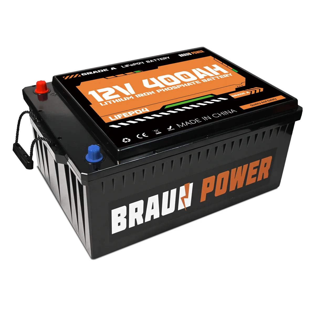 Foursun 12V 400Ah accu met ingebouwde Bluetooth BMS, 200A continue ontlading, 4000 cycli, 4800Wh voor RV zonne-energieopslag