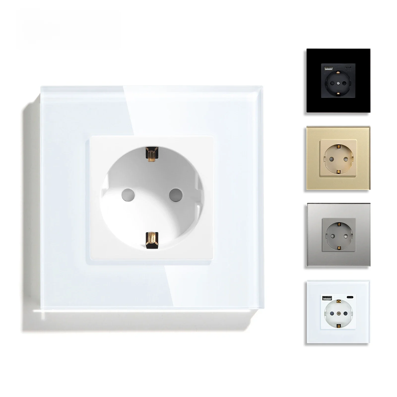 BSEED EU-Standard-Einzelwandsteckdose, doppelte Netzstecker mit weißer schwarzer Kristallglasscheibe, Dreifachsteckdosen, 16 A, 110 V-250 V