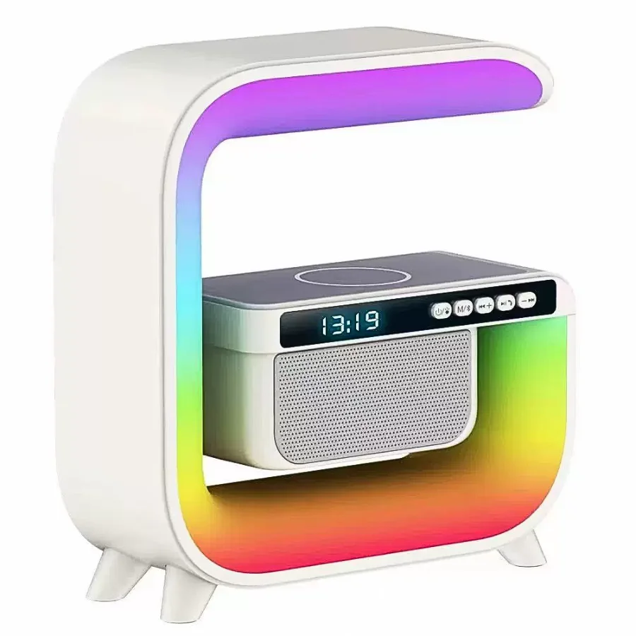 Relógio Despertador Luz RGB Multifuncional 6 em 1 Luzes ajustáveis, Caixa de som, Rádio FM, Recarregador sem fio de celular