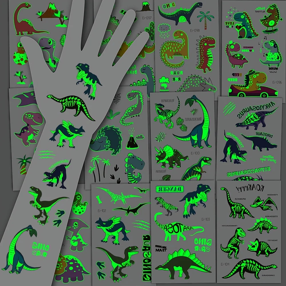 12 arkuszy Luminous dinozaur tymczasowe tatuaże dla chłopców Cute Cartoon Dino naklejki z tatuażami świecące tatuaże do ciała wodoodporny fałszywy tatuaż
