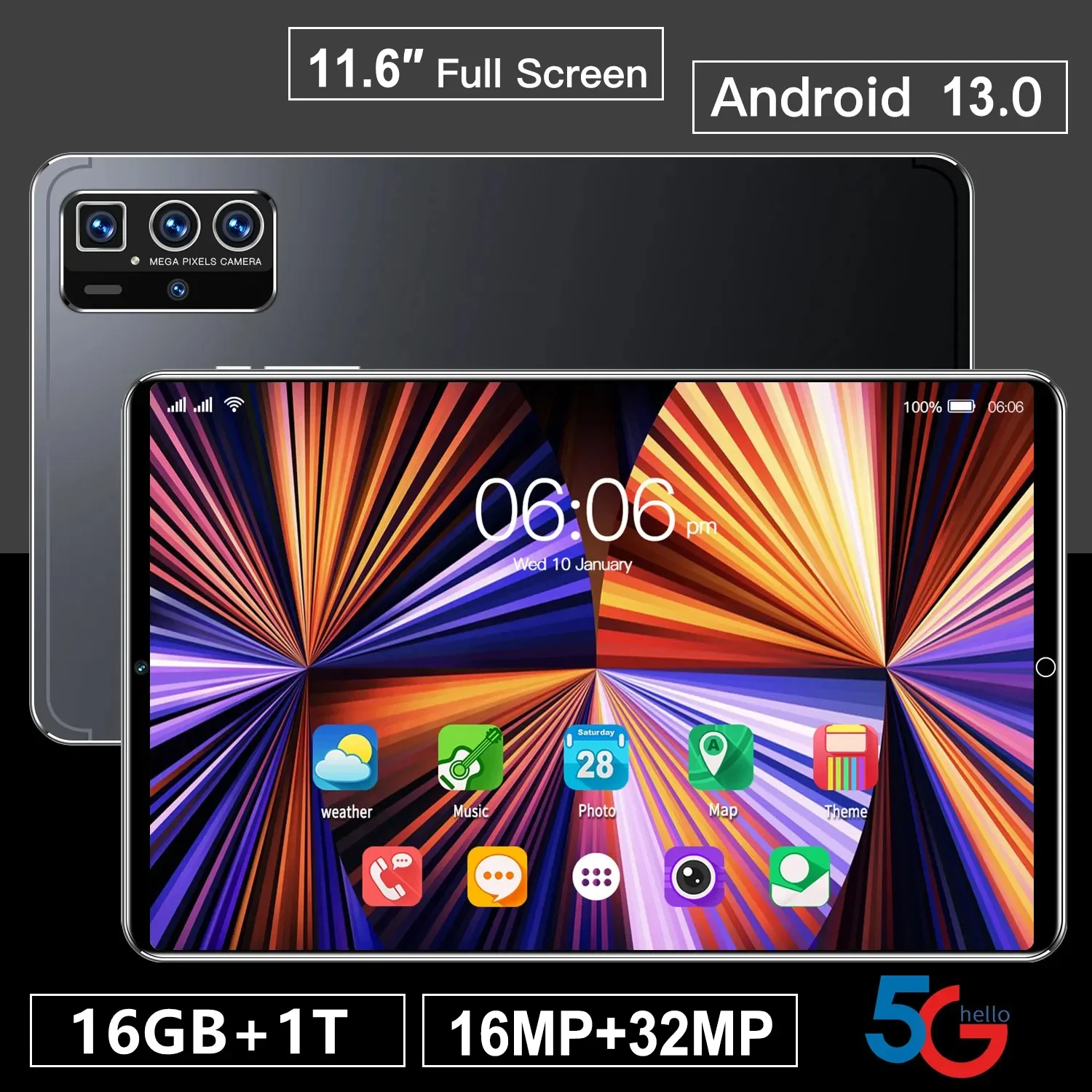 Tablette PC Android 13 de 2024 Pouces, 16 Go de Ram, 1T de Rom, Touriste, Epi10 Core, WPS, GPS, Bluetooth, Réseau 5G, GPS, WPS, Nouvelle Version