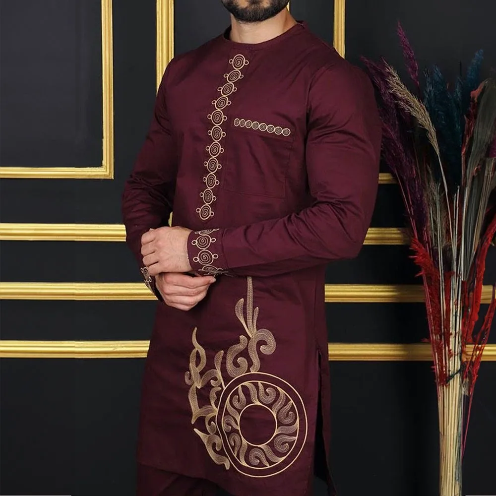 Summer New Dashiki National Dress African Men\'s Embroidery Top And Trousers Suit Wedding Dress Sunday Prayer Casual Slim Suit