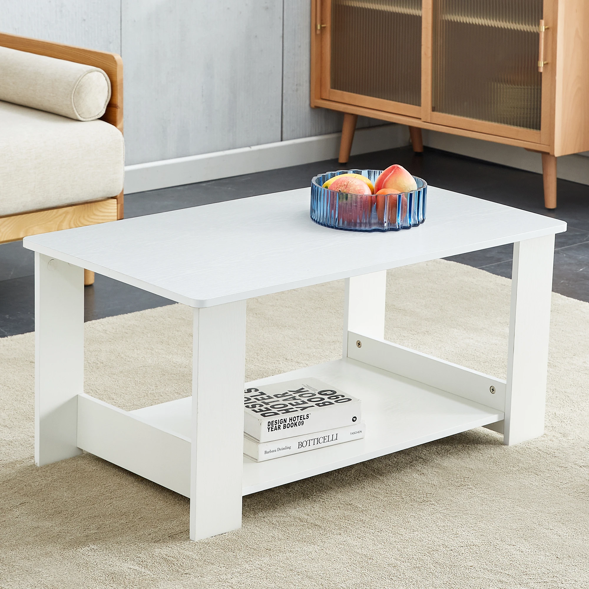 Mesa de centro moderna blanca con veta de madera, 90x50x42cm. Mesa auxiliar de almacenamiento de 2 niveles, mesa de sofá resistente y duradera para sala de estar pequeña