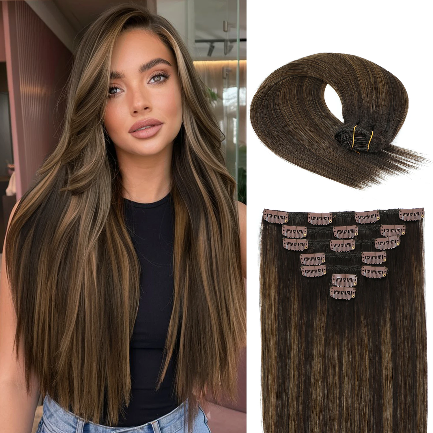 

Balayage Brown 120g Double Drawn Clip in Human Hair Extensions, Remy Hair Cuticle-Aligned No Tangle, 12+ Month with Proper Care