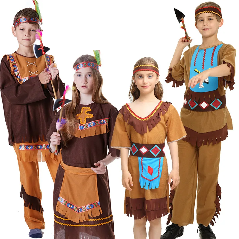 Boy Indian Fancy Dress Up For Purim Carnival Girl Native American Halloween Costume 2024 New Arrival