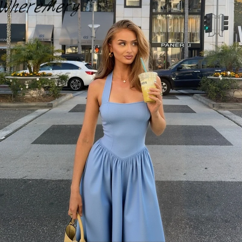 فستان نسائي متوسط الطول باللون الأزرق المريمية: مشد برقبة مربعة وتنورة واسعة على شكل حرف A - قماش منظم للخريف/أنيق رسمي متواضع #1