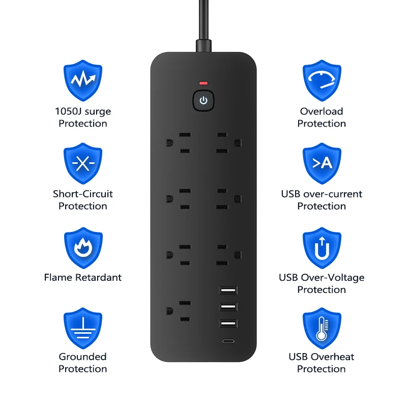 18-in-1 US Power Strip, Power Strip Surge Protector 13 AC Outlets 3 USB 1 Type-C Desktop Charging Station With Overload Protecti