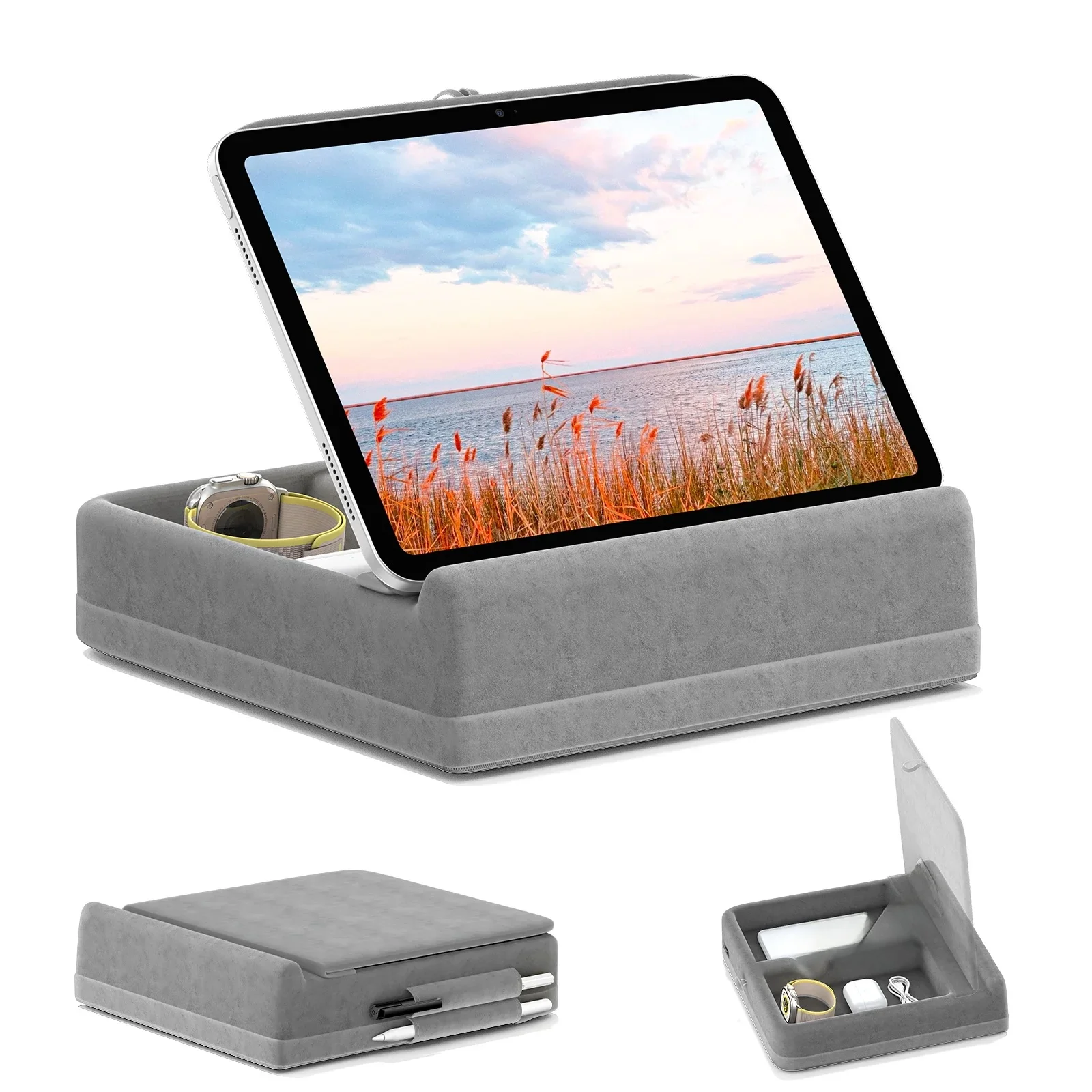 Tabletkussensstandaard met opbergruimte Opvouwbare iPad-houder voor bed en schoot en bureau In hoek verstelbaar zacht kussen Dock met stylushouder - afbeelding 2