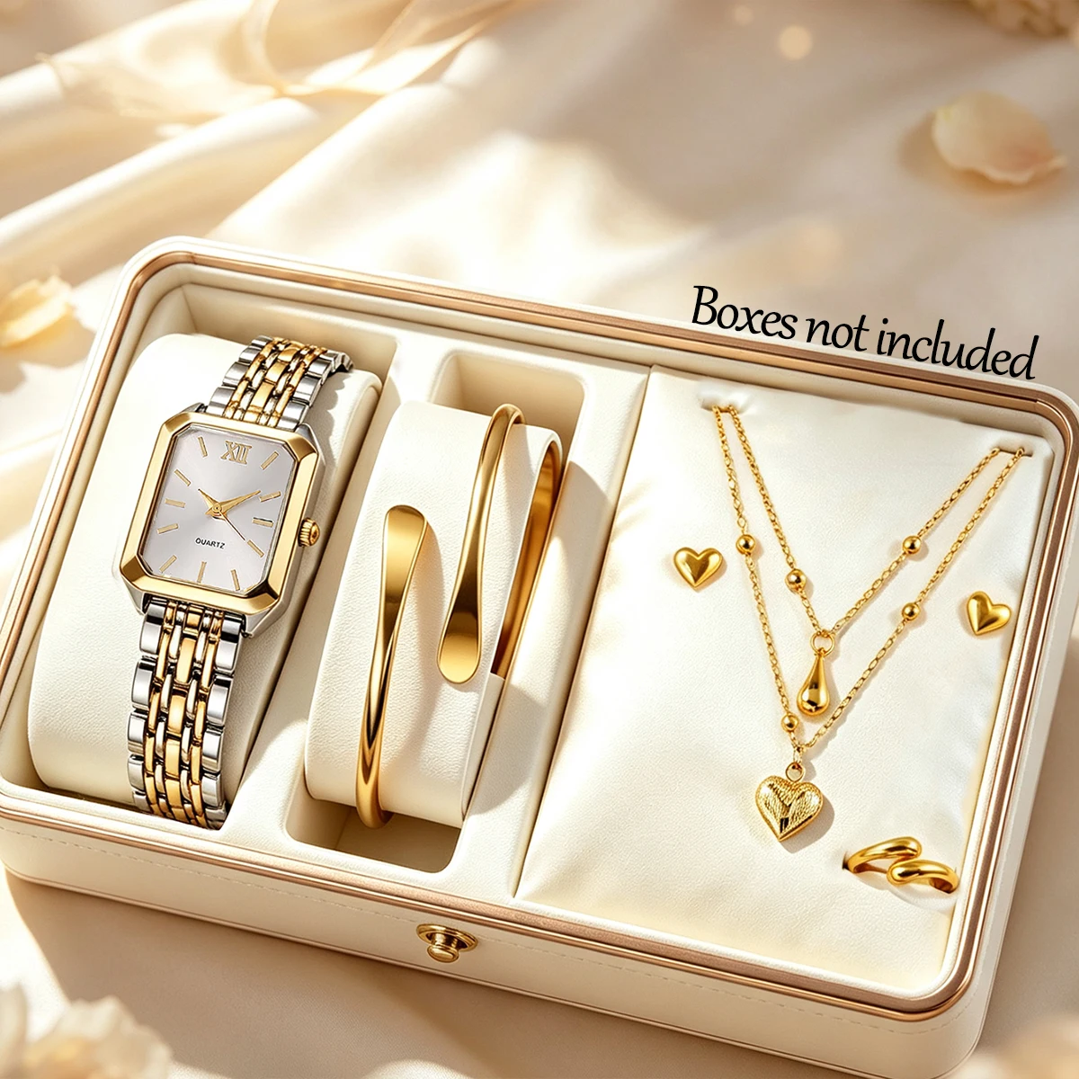 6-Piece Set, Women's Fashionable and Elegant Simple Quartz Watch with New Bracelet, Love Earrings, Necklace, and Ring Set, Versatile for Daily Wear, Parties, and Commuting, Women's Elegant Wristwatch, Exquisite Gift for Women, Perfect Holiday Gift.