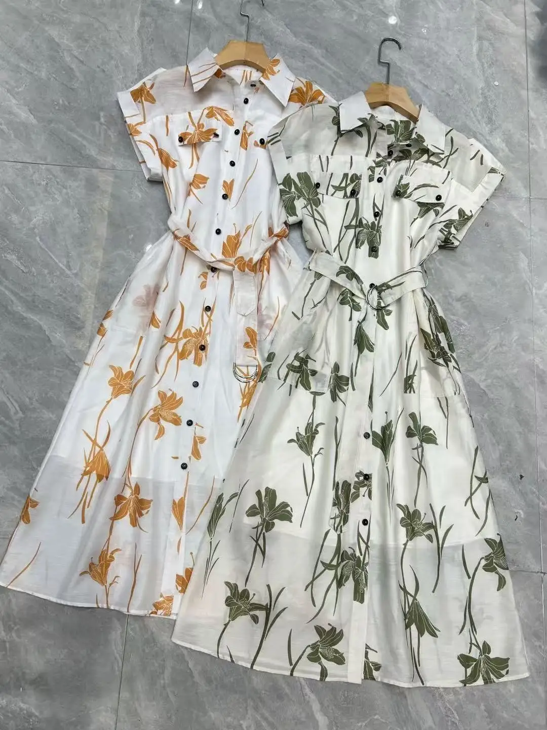 

Fashionable printed waist-cinching pocket elegant dress