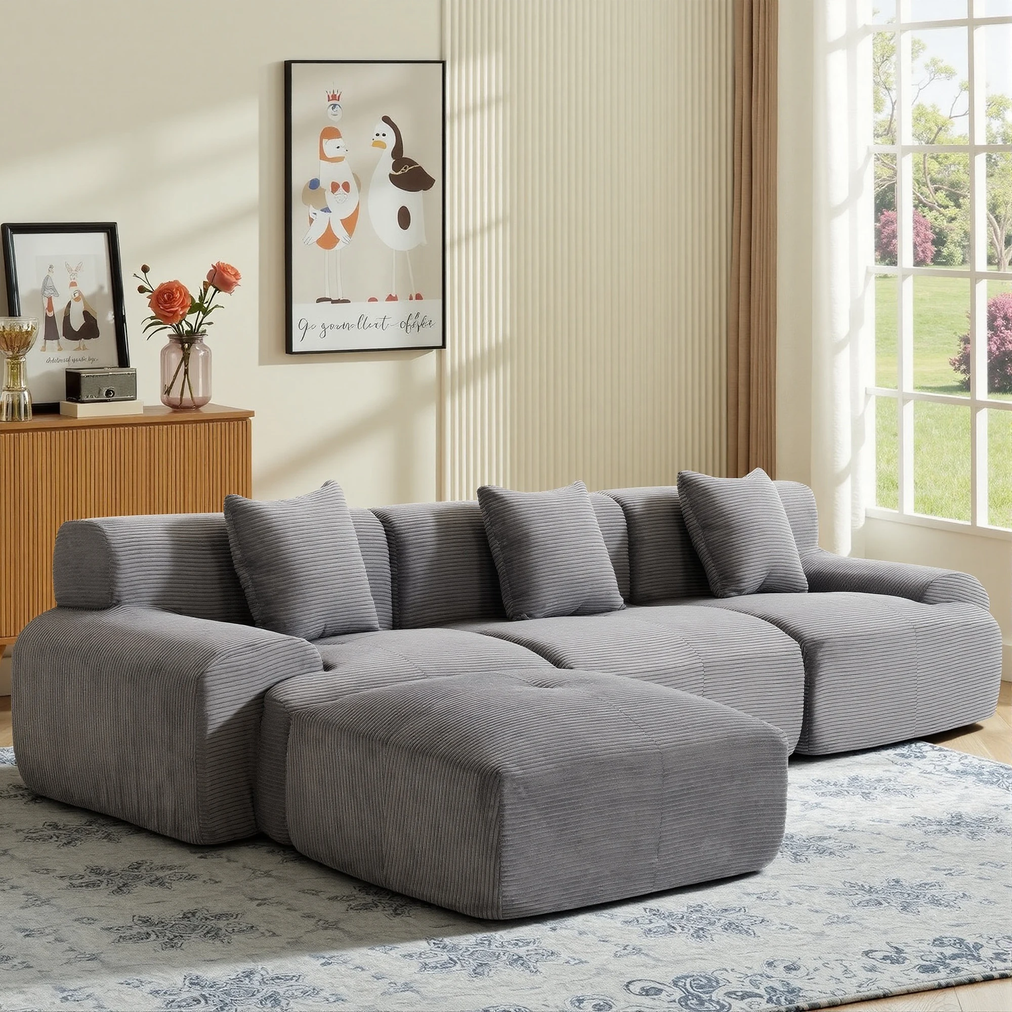 108''Free Combination Modular Sectional Sofa, Corduroy L‑Shape Chaise Lounge Sofa with Ottoman for Home Living Room