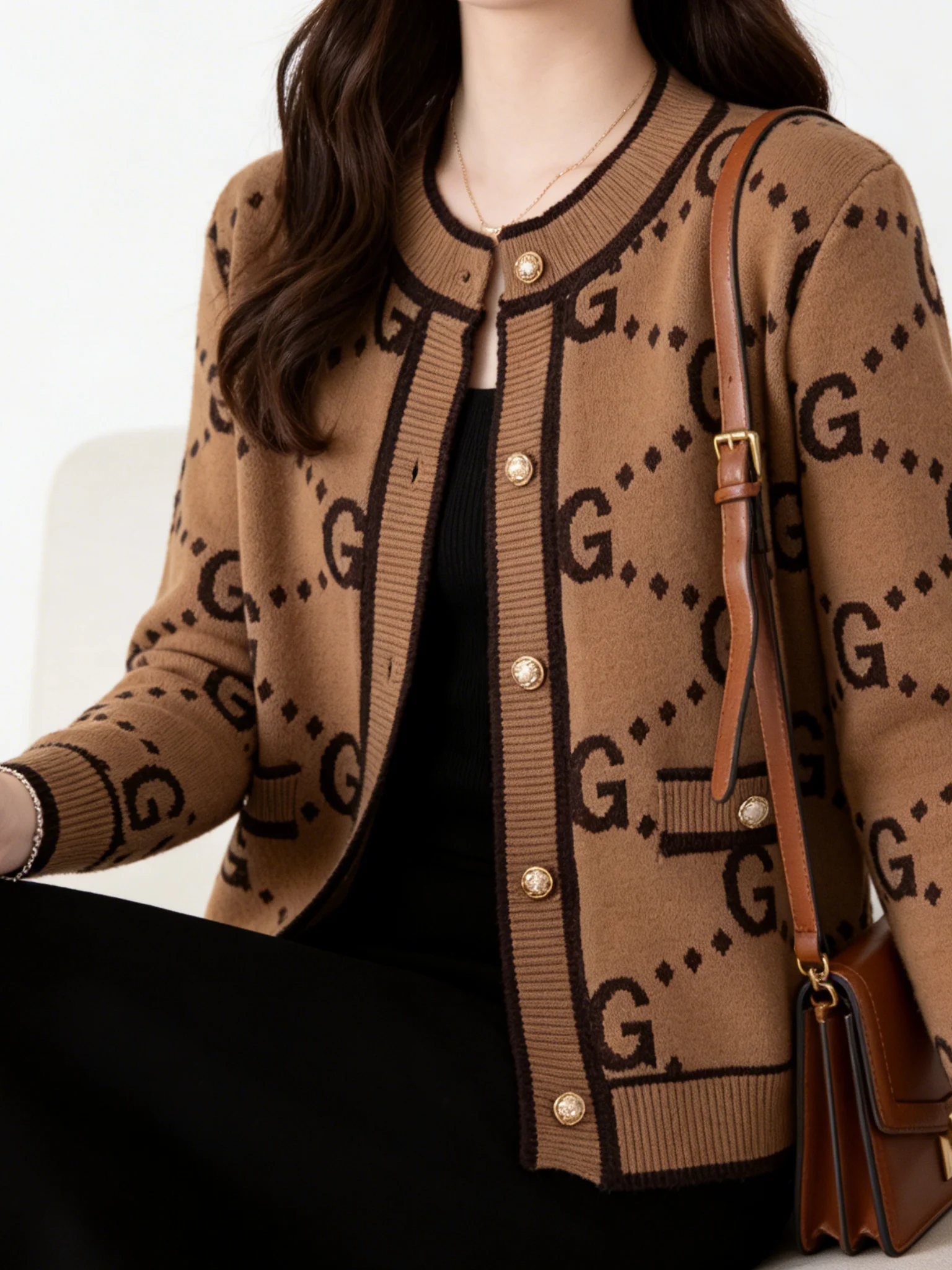 

Women's Fashion Casual Knitted Pattern T-Shirt Top Medium-Thick Autumn and Winter Knitted Cardigan Sweater