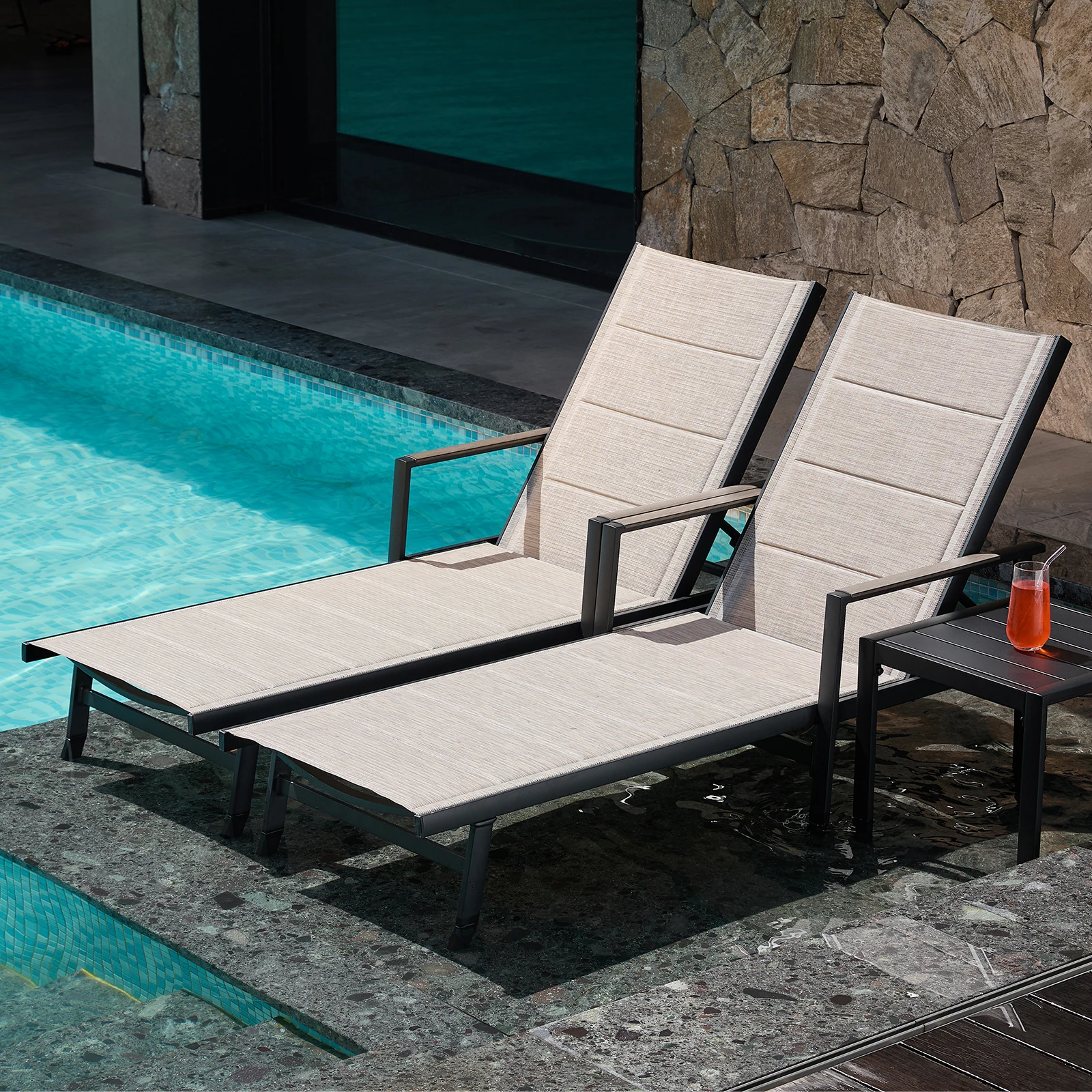 SEEHILL Aluminum Outdoor Chaise Lounge Set of 2 Adjustable 6 Positions textilene Pool Lounger Chairs for Beach Poolside Lawn