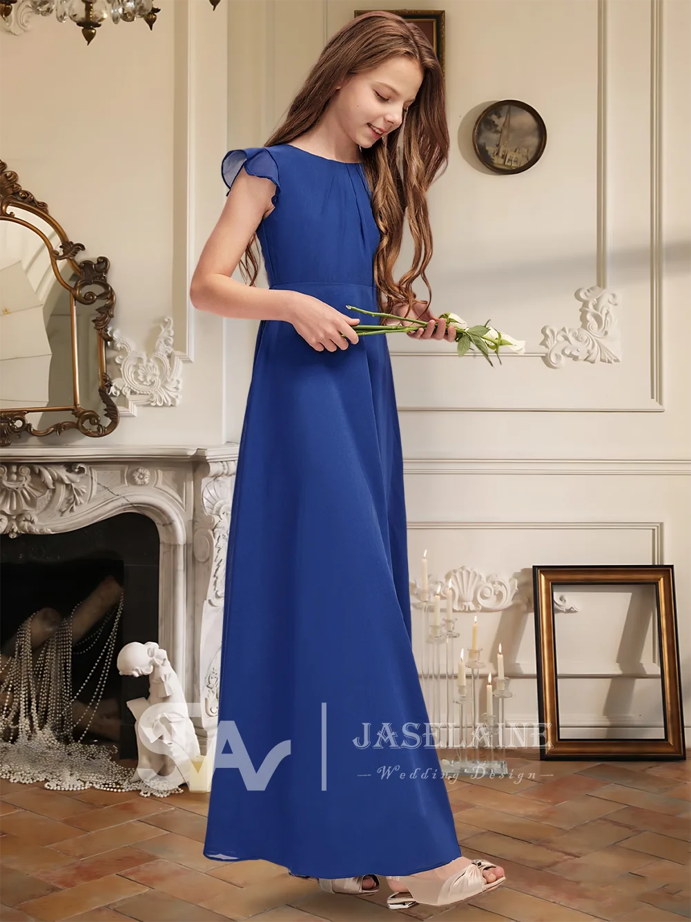 

B Kids Ivory A-Line Scoop Floor-Length Chiffon Junior Bridesmaid Dress Sleeveless Flower Girl Dress Girls Wedding Formal Gowns