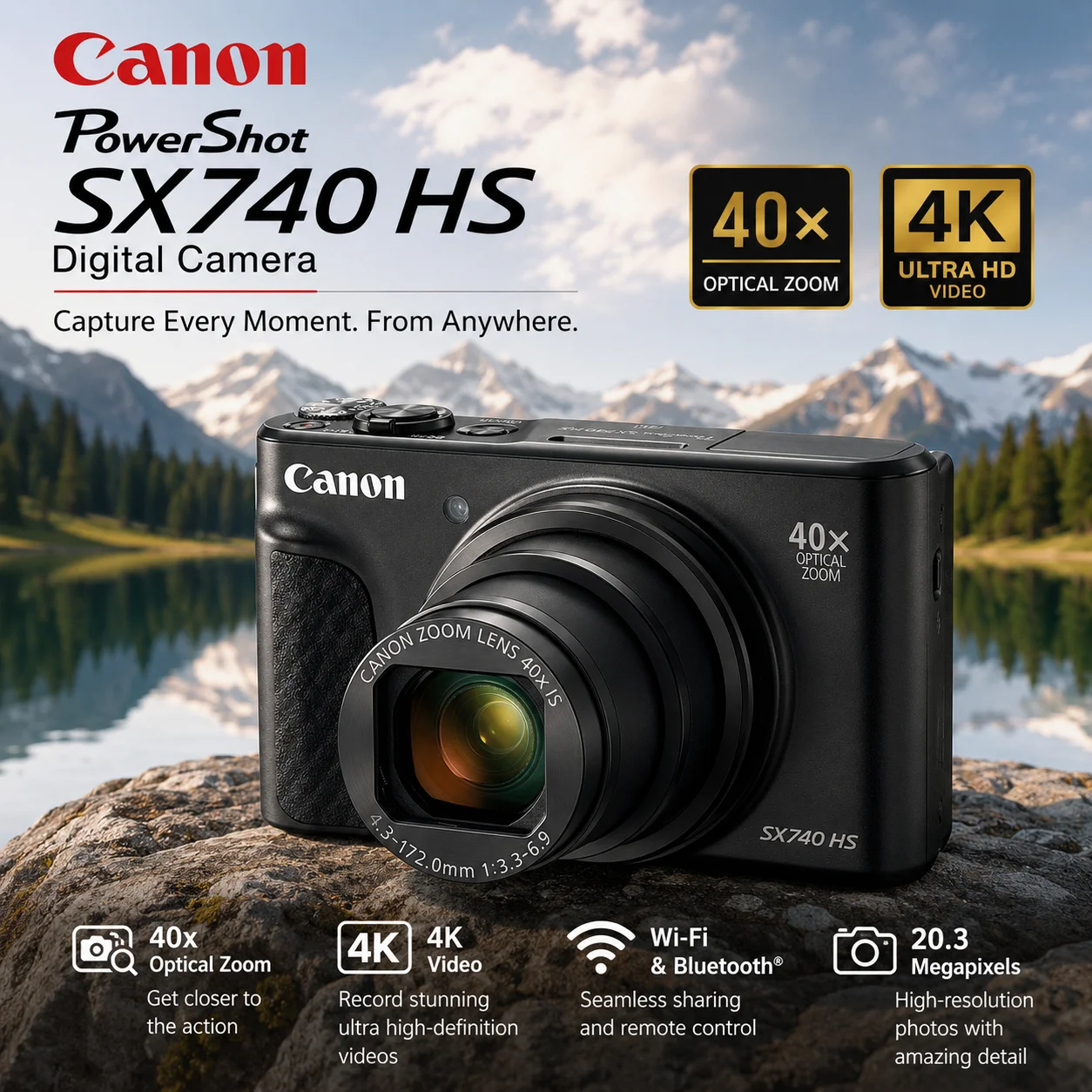 Canon PowerShot SX740 HS Compact Digital Camera, 40x Optical Zoom, 4K UHD Video, Black, International Version