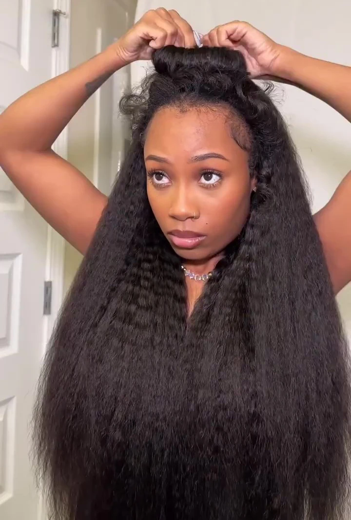 

34-дюймовый прямой парик-полупарик Kinky Straight, готовый к носке, без клея, из натуральных волос, бесшовный, на клипсах, с завязками, для начинающих.