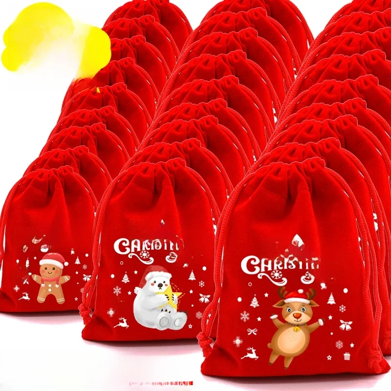 1/30szt Świąteczne torby na prezenty Czerwony aksamitny woreczek ze sznurkiem Luzem Santa Candy Packaging Snack Wrapping Bag Wedding Party Favors Decor — zdjęcie 2