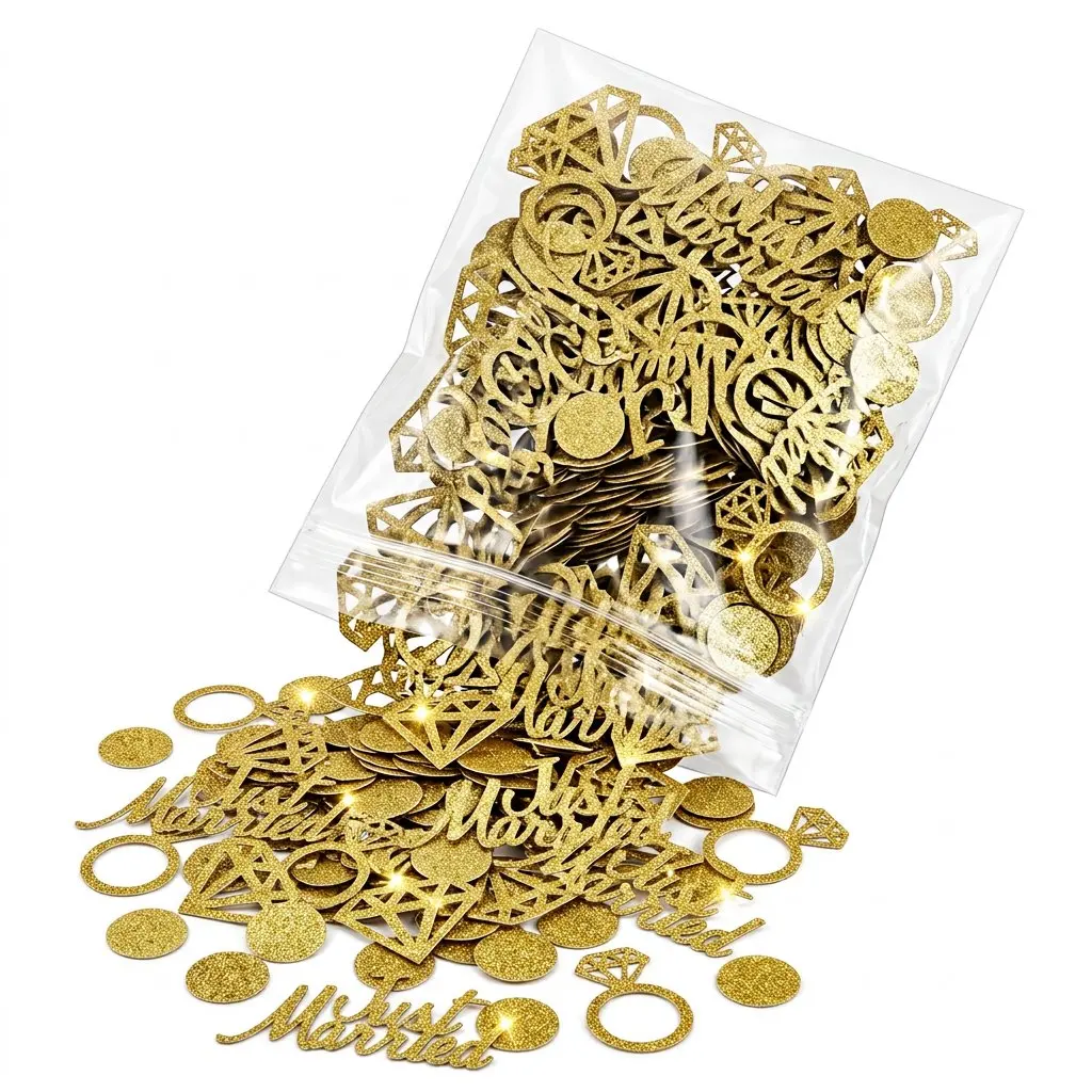 120Pcs Gold Just Married Ring Diamond Circle Shape Wedding Confetti Paper for Party Table Decoration Supplies