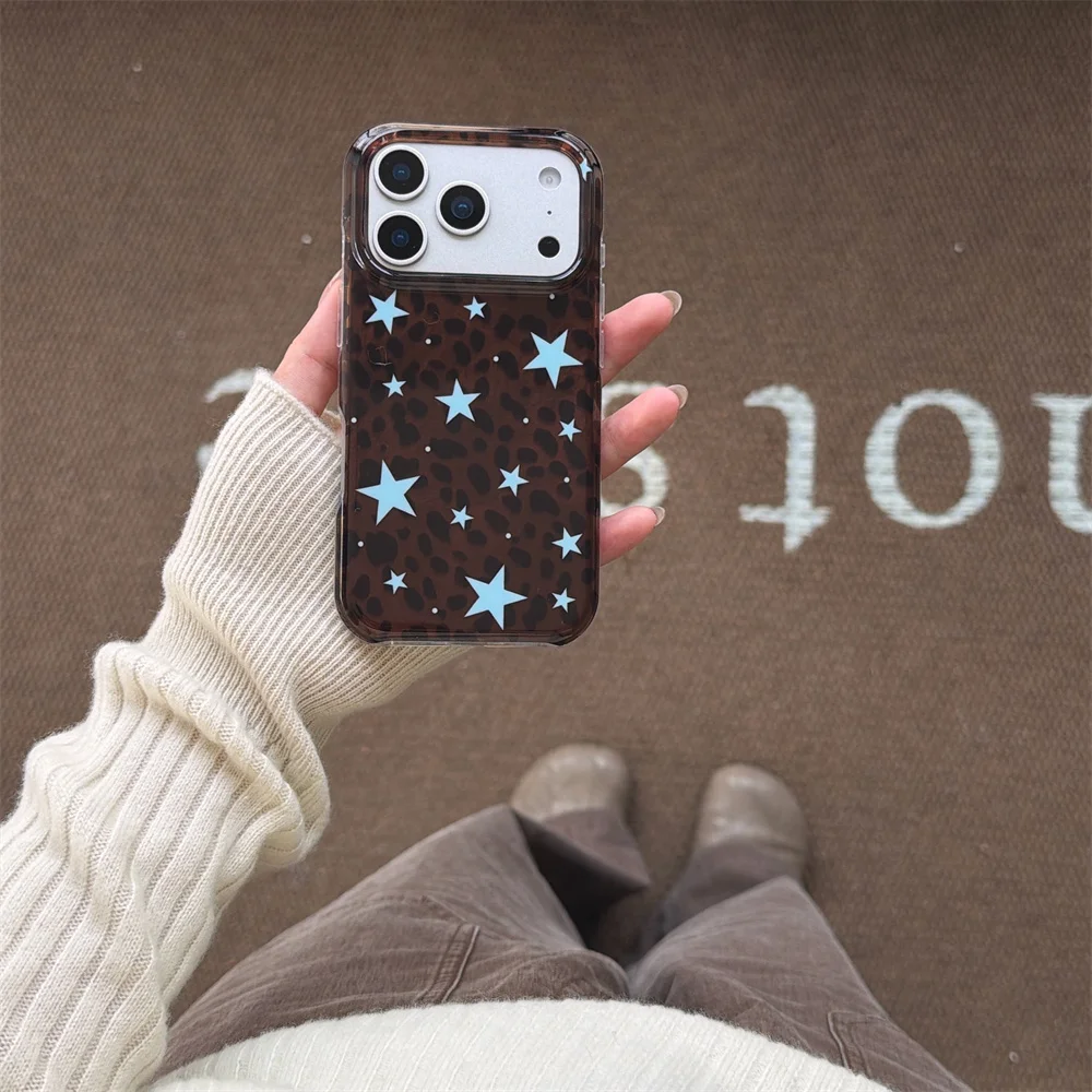 

New cute brown leopard print blue star phone case, compatible with iPhone 17 Promax 14, 15, 16 Pro Max protective case