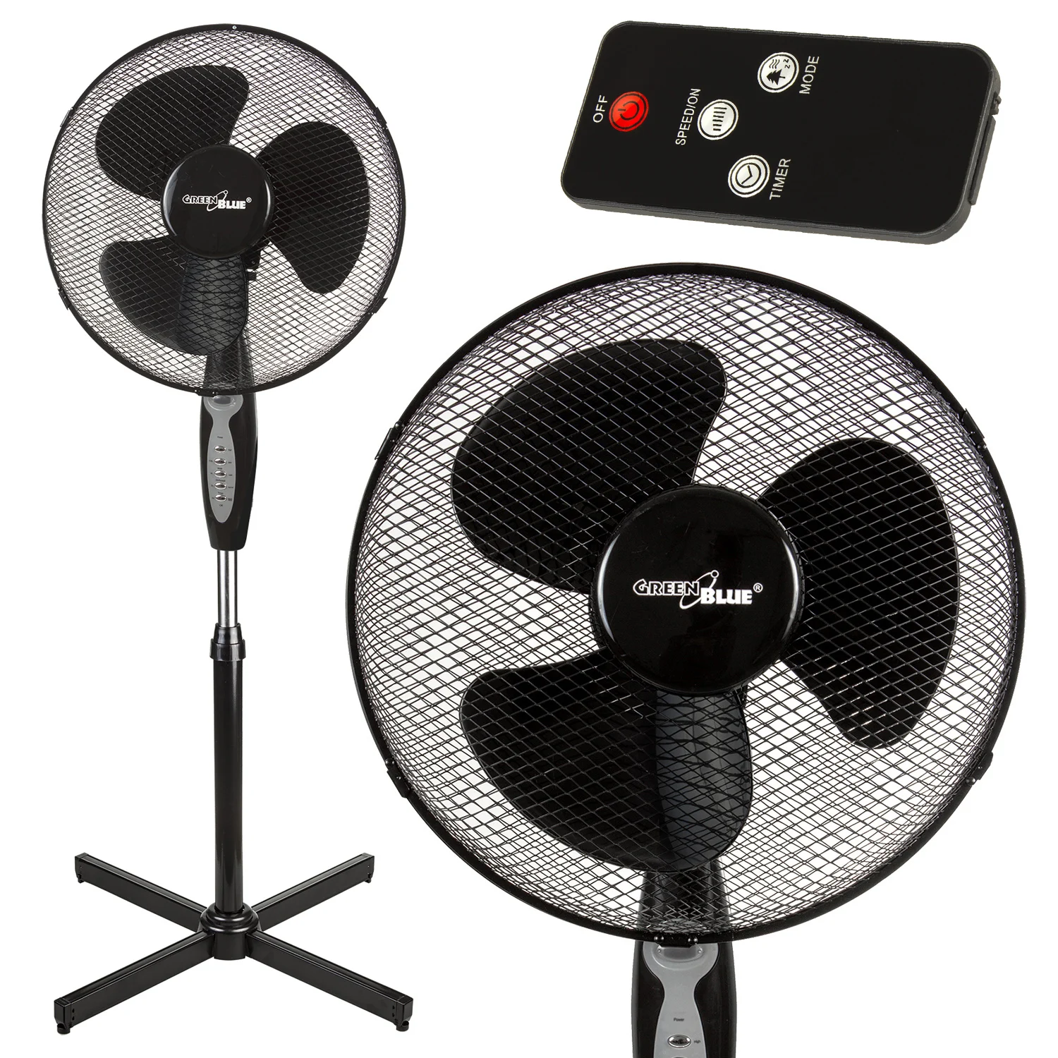 Ventilateur de sol 40W avec 3 niveaux de puissance, hauteur 1,25 m, cordon de 1,5 m avec télécommande et minuterie jusqu'à 7,5 h GreenBlue GB580